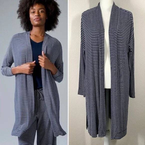 SOMA Cool Nights Robe S Longline Open Front Nautical Stripe Pockets Loungewear - Picture 8 of 8